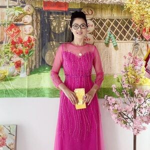 ao dai thiet ke 6 ta, Vietnamese traditional long dress set m 2 pink 🎁 tet
